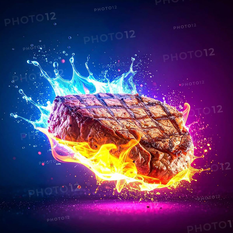 Cooking and cuisine theme showing a rosted steak in multicolored vibrant splashy ambiance. AI generated image with lots of fiery splashes, splatter and spots