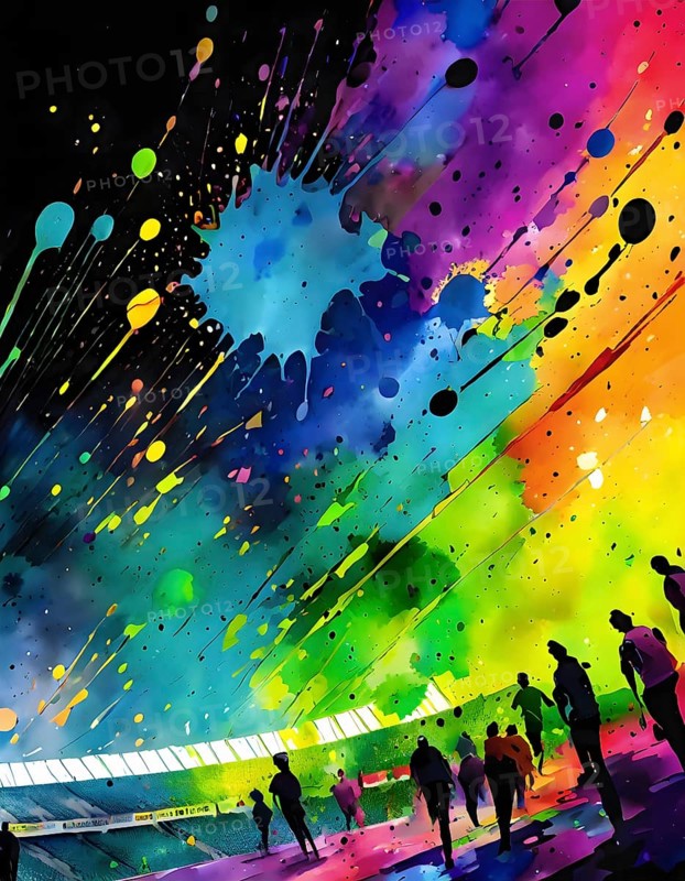 Event theme showing a stadium with lots of spectators in multicolored vibrant splashy ambiance. AI generated image with lots of paint splashes, splatter and spots