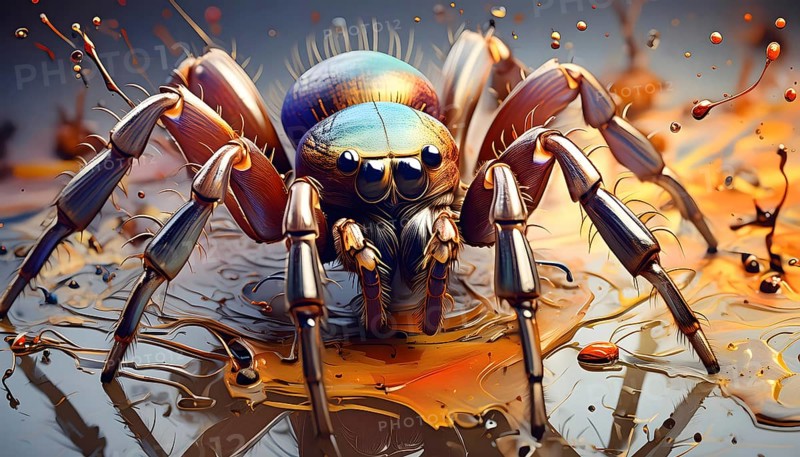 Animal and Halloween theme showing a spider in multicolored vibrant splashy ambiance. AI generated image with lots of paint splashes, splatter and spots