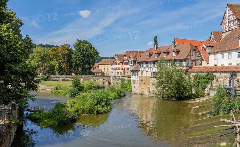 City view of a town named Schwaebisch Hall in Southern Germany at summer time