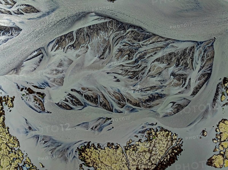Lava, mosses, river, river course, branched, cloudy, summer, aerial view, Kirkjubaerklaustur, Iceland
