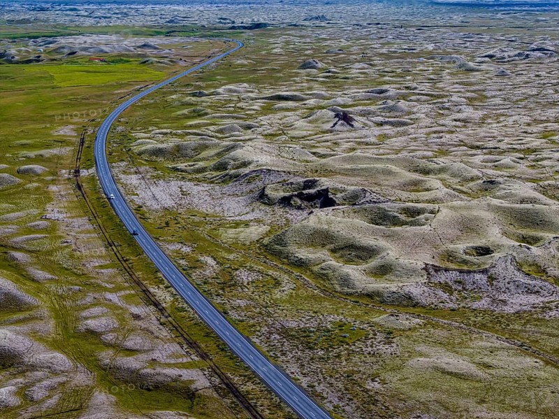 Road, volcanic landscape, mountains, crater, sunny, summer, aerial view, Ringroad, Kirkjubaerklaustur, Iceland