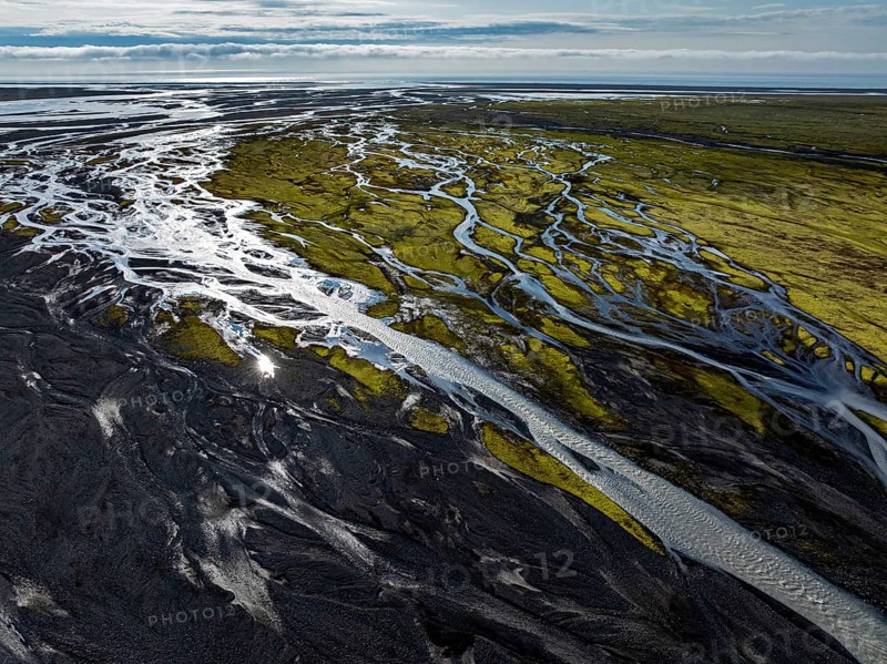 River, river course, river delta, branched, sunny, backlight, aerial view, summer, south-east Iceland, Iceland