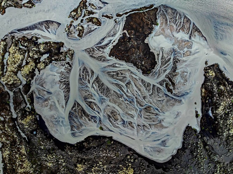 Lava, mosses, river, river course, branched, cloudy, summer, aerial view, Kirkjubaerklaustur, Iceland