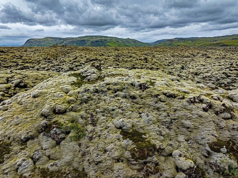Lava, mosses, mountains, cloudy, summer, aerial view, Eldhraun, Kirkjubaerklaustur, Iceland