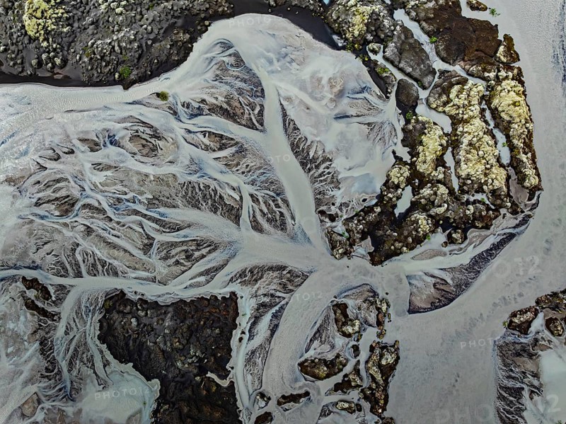 Lava, mosses, river, river course, branched, cloudy, summer, aerial view, Kirkjubaerklaustur, Iceland