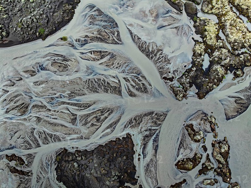 Lava, mosses, river, river course, branched, cloudy, summer, aerial view, Kirkjubaerklaustur, Iceland