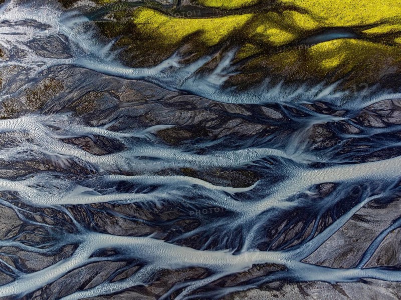 River, river course, river delta, branched, sunny, aerial view, summer, south-east Iceland, Iceland