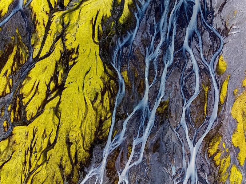 River, river course, river delta, branched, sunny, aerial view, summer, south-east Iceland, Iceland