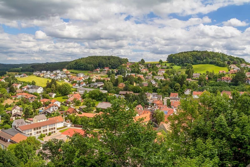 High angle view around Falkenstein Castle in the Bavarian Forest at summer time