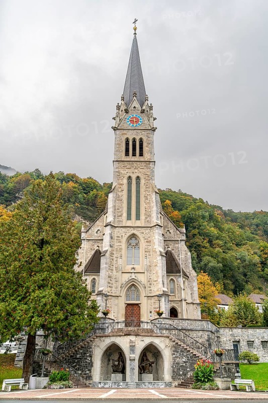 Frontal shot showing the Vaduz Cathedral in Vaduz, the capital city of Liechtenstein at autumn time
