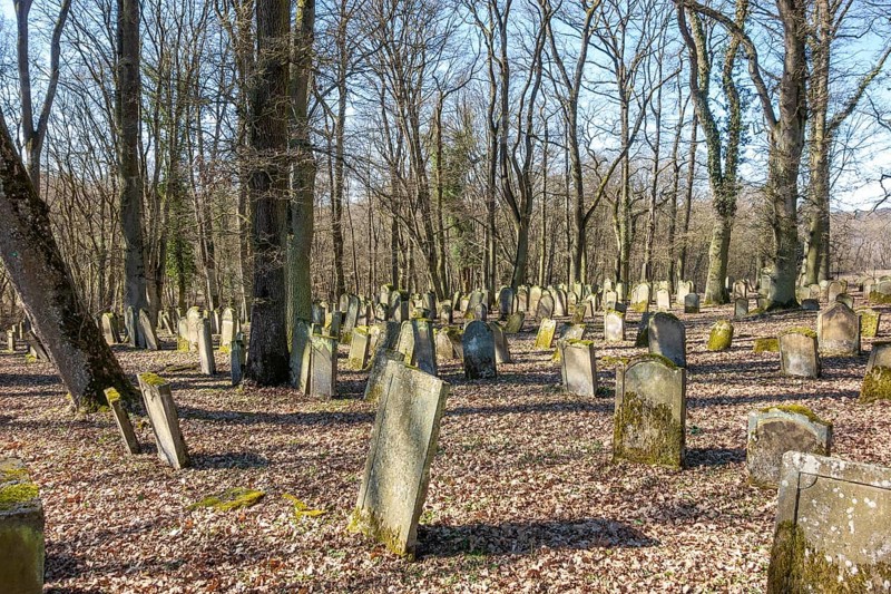 Historic jewish graveyard at early spring time near Berlichingen in Hohenlohe, a area in Southern Germany