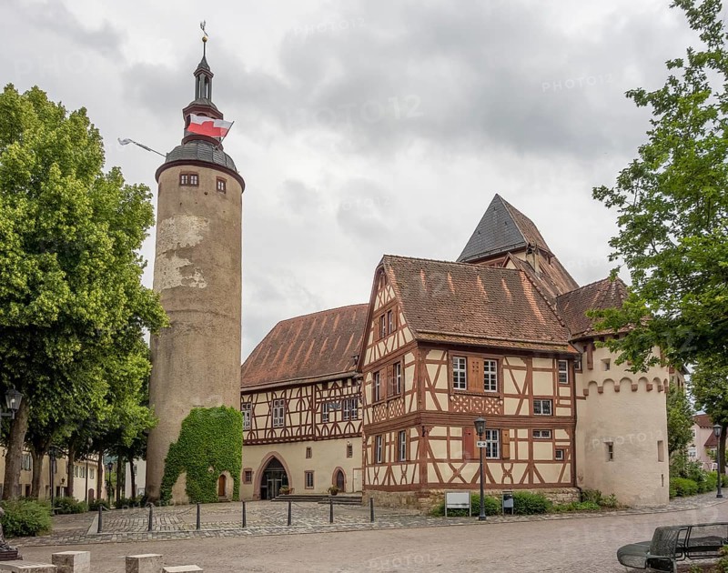 Historic castle with tower in Tauberbischofsheim, a town in Southern Germany