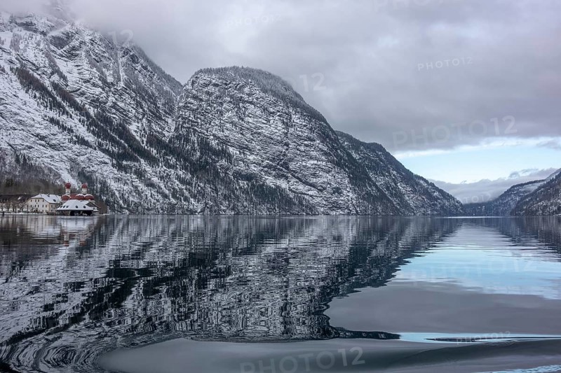 Scenery around a lake named Koenigssee located in the Berchtesgadener Land in Bavaria Germany at winter time