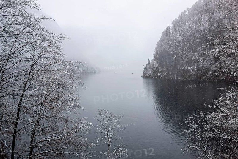 Scenery around a lake named Koenigssee located in the Berchtesgadener Land in Bavaria Germany at winter time