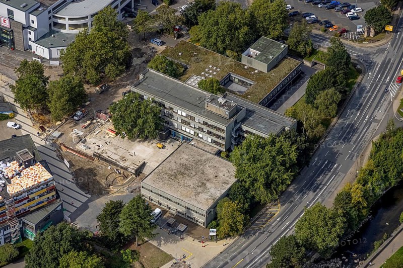 Aerial view, town hall and construction site at the city archive in the district Haufe in Gevelsberg, Ruhr area, North Rhine-Westphalia, Germany, construction work, construction area, building site, building plots, construction project, construction site, authority, DE, Europe, Gevelsberg, aerial view, aerial photography, aerial photography, town hall, overview, bird's-eye view, overview