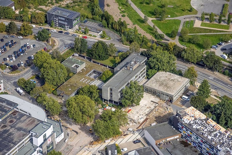 Aerial view, town hall and construction site at the city archive in the district Haufe in Gevelsberg, Ruhr area, North Rhine-Westphalia, Germany, construction work, construction area, building site, building plots, construction project, construction site, authority, DE, Europe, Gevelsberg, aerial view, aerial photography, aerial photography, town hall, overview, bird's-eye view, overview