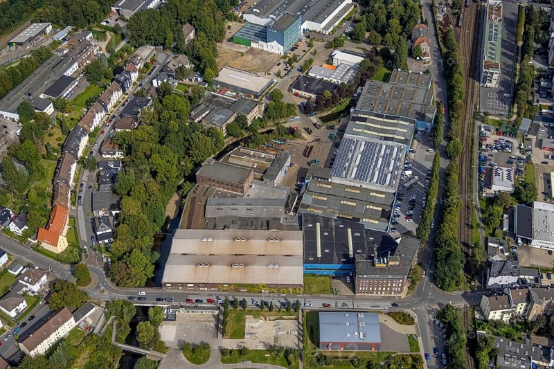 Aerial view, industrial area at the river Ennepe at Mühlenstraße corner Jahnstraße in the district Haufe in Gevelsberg, Ruhr area, North Rhine-Westphalia, Germany, DE, Europe, Gevelsberg, commercial enterprises, commercial area, commercial area, commercial location, commercial use, industrial area, industrial building, industrial location, aerial view, aerial photography, aerial photography, overview, bird's-eye view, bird's-eye view, overview