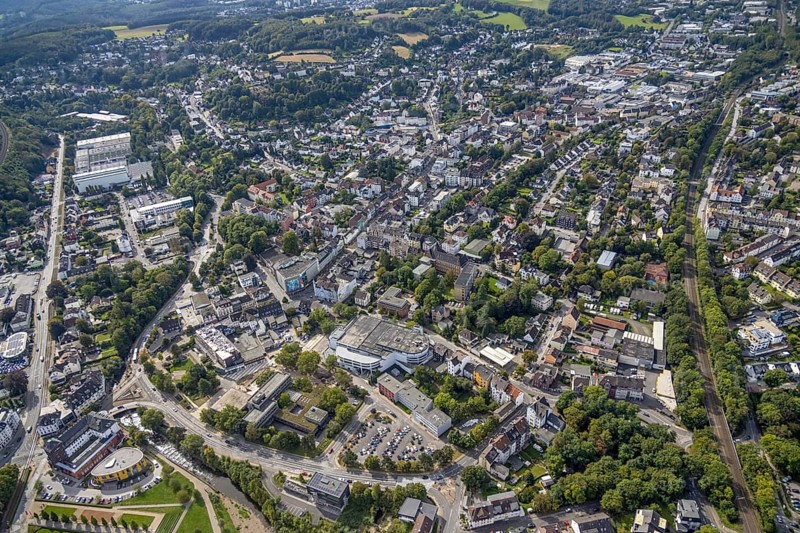 Aerial view, city centre view with town hall in the district Haufe in Gevelsberg, Ruhr area, North Rhine-Westphalia, Germany, authority, City, DE, Europe, Gevelsberg, Kaufland supermarket, aerial view, aerial photography, aerial photography, town hall, overview, bird's-eye view, overview