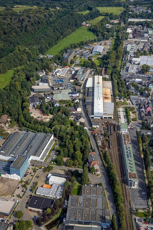 Aerial view, commercial area at Mühlenstraße and new fire station at Haufer Bahnhof at the old Schüßler site in the district of Haufe in Gevelsberg, Ruhr area, North Rhine-Westphalia, Germany, fire fighters, fire protection, fire watch, DE, Europe, fire station, fire brigade, Gevelsberg, commercial enterprises, commercial area, commercial area, commercial location, commercial use, industrial area, industrial building, industrial location, aerial view, aerial photography, aerial photography, overview, bird's eye view, bird's eye view, overview