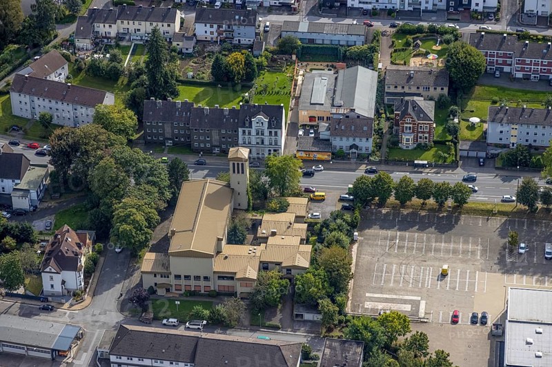 Aerial view, Church of Our Dear Lady in Gevelsberg, Ruhr area, North Rhine-Westphalia, Germany, place of worship, DE, Europe, Gevelsberg, religious community, place of worship, holy place, church, parish, denomination, aerial photograph, aerial photography, aerial photography, religion, religious site, overview, bird's-eye view, overview