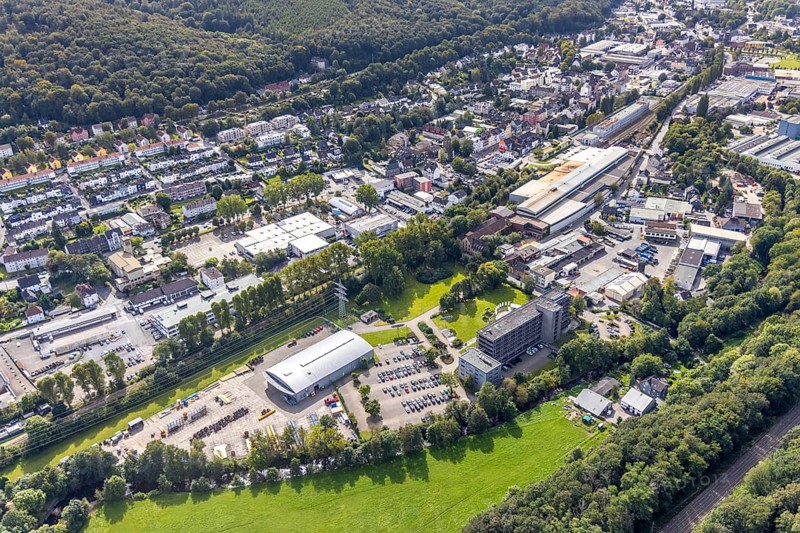 Aerial view, AVU AG building and commercial area Mühlenstraße in Gevelsberg, Ruhr area, North Rhine-Westphalia, Germany, DE, Europe, Gevelsberg, commercial enterprises, commercial area, commercial location, commercial use, industrial area, industrial building, industrial location, aerial photograph, aerial photography, aerial photography, overview, bird's-eye view, bird's-eye view, overview