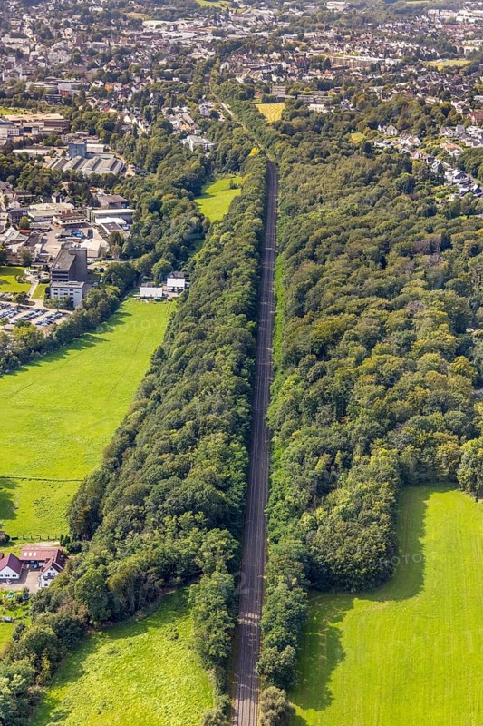 Aerial view, straight railway line in the forest in the district of Berge in Gevelsberg, Ruhr area, North Rhine-Westphalia, Germany, railway tracks, DE, Europe, Gevelsberg, aerial view, aerial photography, aerial photography, overview, bird's eye view, forest area, birds-eyes view, overview