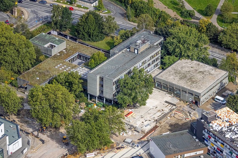 Aerial view, town hall and construction site at the city archive in the district Haufe in Gevelsberg, Ruhr area, North Rhine-Westphalia, Germany, construction work, construction area, building site, building plots, construction project, construction site, authority, DE, Europe, Gevelsberg, aerial view, aerial photography, aerial photography, town hall, overview, bird's-eye view, overview