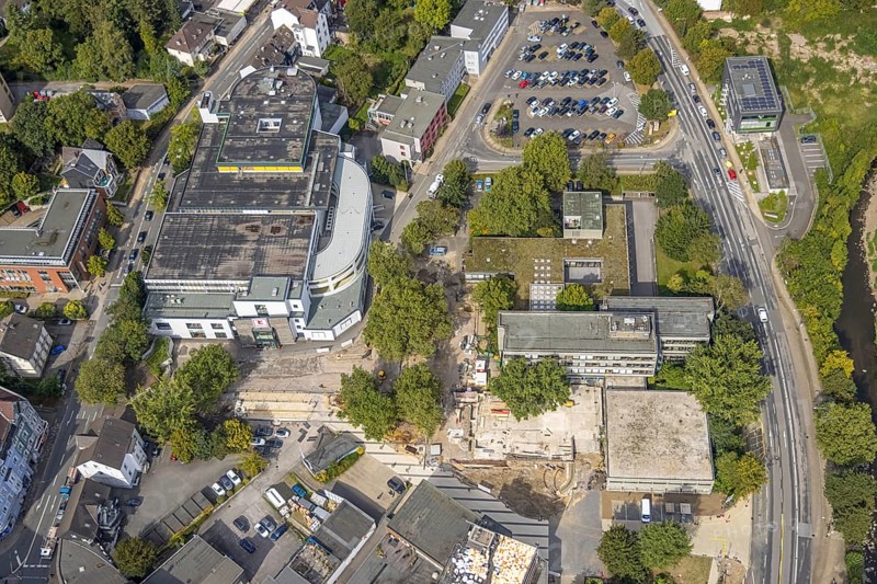 Aerial view, town hall and construction site at the city archive as well as the Kaufland supermarket in the district Haufe in Gevelsberg, Ruhr area, North Rhine-Westphalia, Germany, construction work, construction area, building site, building plots, construction project, construction site, authority, DE, shopping markets, shopping square, shopping centre, Europe, Gevelsberg, aerial view, aerial photography, aerial photography, local supply centre, town hall, supermarket, overview, bird's eye view, birds-eyes view, overview