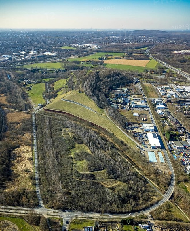 Aerial view, Moltke slagheap, industrial estate Europastrasse, Brauck, Gladbeck, Ruhr area, North Rhine-Westphalia, Germany, slagheap, DE, Europe, slagheap Graf Moltke, aerial view, aerial photography, aerial photography, overview, bird's-eye view, burning slagheap, overview