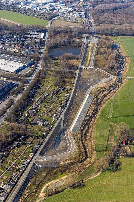 Aerial view, construction site at the Boye, allotment garden association An der Boye, Brauck, Gladbeck, Ruhr area, North Rhine-Westphalia, Germany, construction work, building, construction area, building site, building plots, construction project, construction site, Boyetal, DE, Emschergenossenschaft, Europe, community garden, KGV, allotment garden, allotment garden site, allotment garden association, aerial view, aerial photography, aerial photography, allotment garden, overview, bird's-eye view, overview