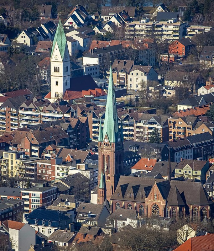 Aerial view, city centre view, Propsteikirche St. Lamberti Kirche, Christus Kirche, Gladbeck, Ruhr area, North Rhine-Westphalia, Germany, place of worship, City, DE, Europe, religious community, place of worship, holy place, city centre, church, parish, denomination, aerial view, aerial photography, aerial photography, religion, religious site, overview, bird's-eye view, overview