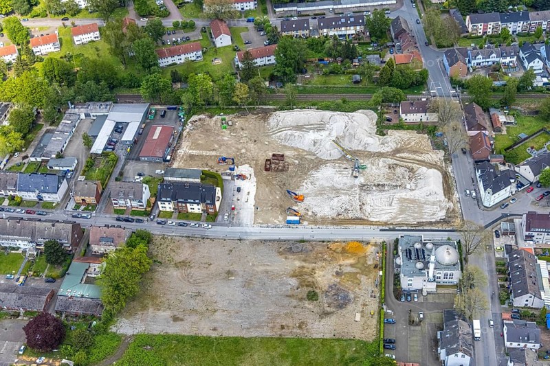 Aerial view, demolition furniture store Tacke, Bramsfeld, mosque Türkisch-Islamischer KulturVerein e.V., Wielandstraße, Butendorf, Gladbeck, Ruhr area, North Rhine-Westphalia, Germany, demolition work, place of worship, building site, construction site, DE, Europe, religious community, place of worship, church, parish, denomination, aerial photograph, aerial photography, aerial photography, mosque, furniture paradise, religion, overview, bird's eye view, birds-eyes view, overview