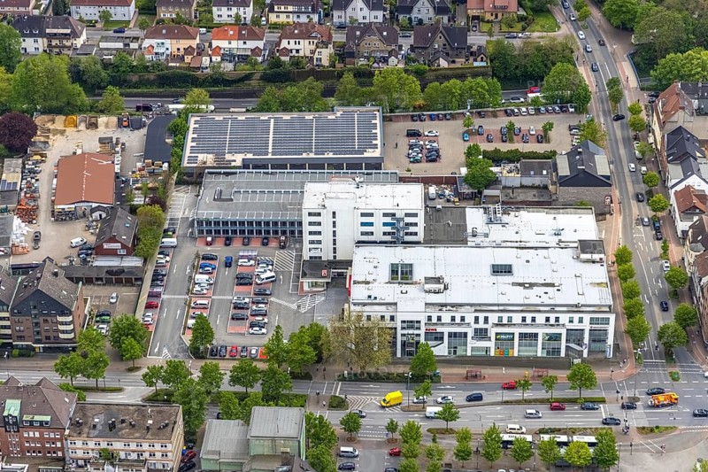 Aerial photo, construction site Glückauf-Center, planned refurbishment and renovation, MArktplatz Gladbeck, Gladbeck, Ruhr area, North Rhine-Westphalia, Germany, Aldi supermarket, construction work, building, construction area, building site, building plots, construction project, construction site, DE, shopping centre, shopping square, shopping centre, Europe, Horster Straße, aerial view, aerial photography, aerial photography, local supply centre, new building, photovoltaic, photovoltaic system, shopping centre, solar, solar system, solar energy, solar energy, overview, bird's eye view, Wilhelmstraße, birds-eyes view, overview