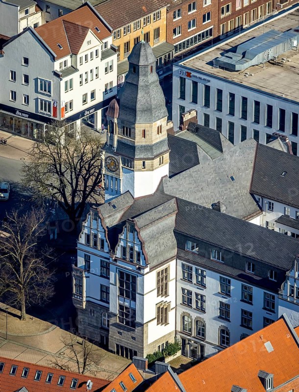Aerial view, town hall with tower, Gladbeck, Ruhr area, North Rhine-Westphalia, Germany, old town hall, authority, DE, Europe, aerial view, aerial photography, aerial photography, town hall, overview, bird's eye view, Willy-Brandt-Platz, birds-eyes view, overview