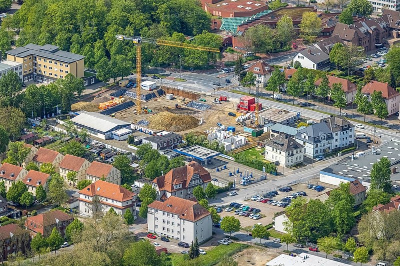 Aerial view, construction site new building for housing and social affairs, former Mercedes-Lueg site Wilhelmstraße, Gladbeck, Ruhr area, North Rhine-Westphalia, Germany, construction work, construction, construction area, construction site, building plots, construction crane, construction project, construction site, DE, Europe, aerial view, aerial photography, aerial photography, new building, overview, bird's-eye view, bird's-eye view, overview