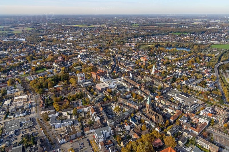 Aerial view, townscape with Stadtsparkasse Gladbeck high-rise building and town hall as well as the catholic church St. Lamberti and Christus Kirche in Gladbeck, Ruhr area, North Rhine-Westphalia, Germany, place of worship, authority, DE, Europe, finance, Gladbeck, religious community, place of worship, holy place, city centre, church, parish, denomination, aerial view, aerial photography, aerial photography, townscape, town hall, religion, religious site, skyline, townscape, city centre, city centre, overview, bird's eye view, birds-eyes view, overview