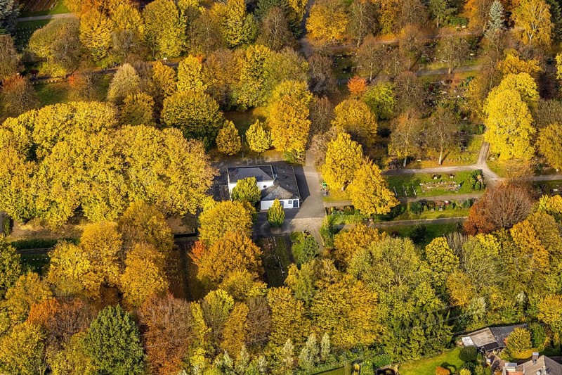 Aerial view, autumn colours at Brauck cemetery in the Brauck district of Gladbeck, Ruhr area, North Rhine-Westphalia, Germany, burial site, DE, Europe, cemetery, memorial, Gladbeck, Gottesacker, graves, burial ground, aerial photograph, aerial photography, aerial photography, resting place, overview, bird's-eye view, overview