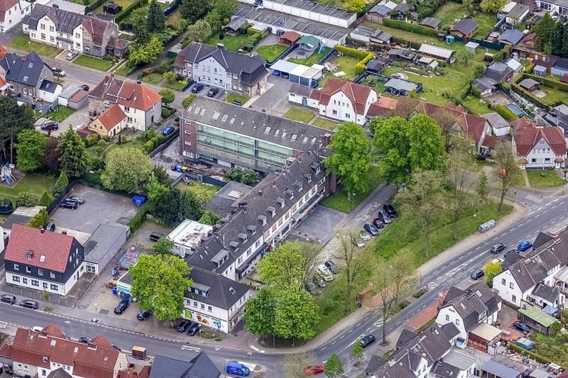 Aerial view, commercial centre Händelstraße, Zweckel, Gladbeck, Ruhr area, North Rhine-Westphalia, Germany, DE, Europe, commercial enterprises, commercial area, commercial location, commercial use, aerial photograph, aerial photography, aerial photography, overview, bird's-eye view, overview