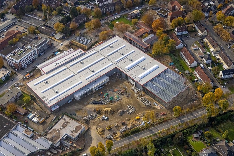 Aerial view, industrial area Krusenkamp with construction site and new building for planned DIY store in Gladbeck Ost, Mitte II in Gladbeck, Ruhr area, North Rhine-Westphalia, Germany, construction work, construction area, construction site, construction project, construction site, DE, Europe, commercial enterprises, commercial area, commercial park, commercial location, commercial use, Gladbeck, industrial area, industrial building, industrial location, aerial view, aerial photography, aerial photography, new building, overview, bird's-eye view, overview