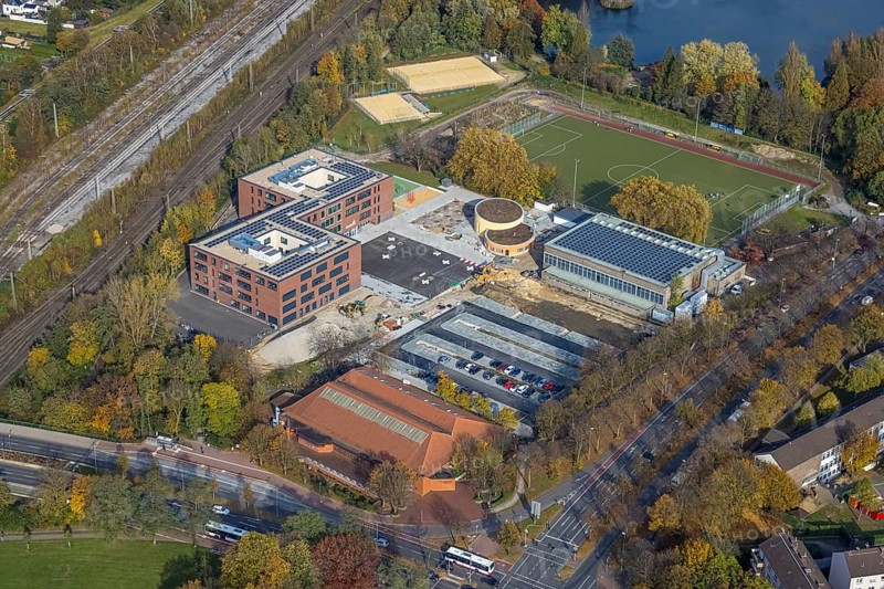 Aerial view, Heisenberg Gymnasium with solar roof and Artur Schirrmacher sports hall in Gladbeck, Ruhr area, North Rhine-Westphalia, Germany, education, educational institution, DE, Europe, Gladbeck, educational institute, aerial view, aerial photography, aerial photography, school, sports hall, overview, bird's-eye view, overview