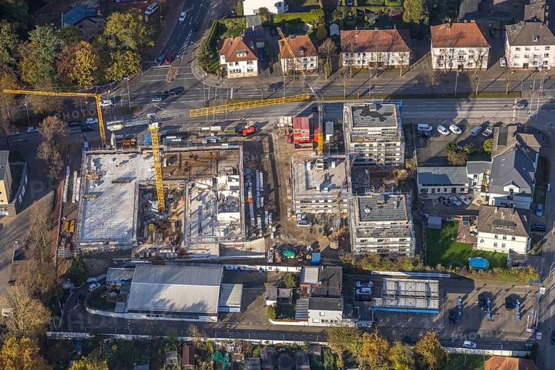 Aerial view, construction site with new building for housing and social services on the former Mercedes-Lueg site Wilhelmstraße in Gladbeck, Ruhr area, North Rhine-Westphalia, Germany, construction work, construction, construction area, construction site, building plots, construction crane, construction project, construction site, DE, Europe, Gladbeck, aerial view, aerial photography, aerial photography, new building, overview, bird's-eye view, bird's-eye view, overview