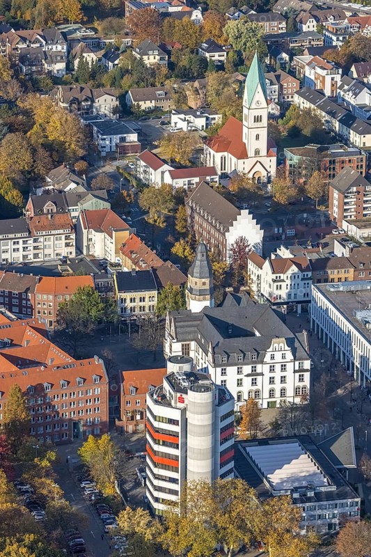 Aerial view, City Hall and Stadtsparkasse Gladbeck high-rise building and Christ Church in Gladbeck, Ruhr area, North Rhine-Westphalia, Germany, place of worship, authority, citizens' office, DE, Europe, finance, Gladbeck, religious community, place of worship, holy place, church, parish, denomination, aerial view, aerial photography, aerial photography, town hall, religion, religious site, savings bank, overview, bird's-eye view, overview