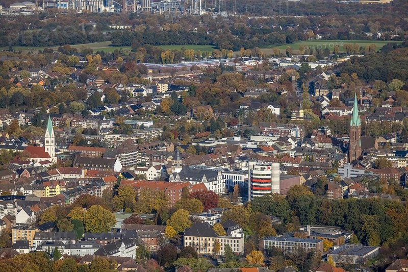 Aerial view, city view with town hall and Stadtsparkasse Gladbeck high-rise building as well as the catholic church St. Lamberti and Christus Kirche in Gladbeck, Ruhr area, North Rhine-Westphalia, Germany, place of worship, authority, citizens' office, city, DE, Europe, finance, Gladbeck, religious community, place of worship, holy place, city centre, church, parish, denomination, aerial view, aerial photography, aerial photography, town hall, religion, religious site, skyline, savings bank, city view, city centre, overview, bird's-eye view, overview