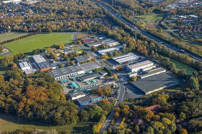 Aerial view, commercial area Hornstraße in the district Ellinghorst in Gladbeck, Ruhr area, North Rhine-Westphalia, Germany, DE, Europe, commercial enterprises, commercial area, commercial park, commercial location, commercial use, Gladbeck, industrial area, industrial building, industrial location, aerial photograph, aerial photography, aerial photography, overview, bird's-eye view, bird's-eye view, overview