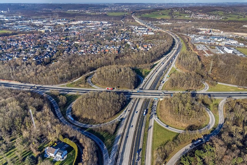 Aerial view, motorway junction Hagen, A45 and A46, construction site new construction of a section of the Lennetal bridge, Lennetal, Hagen, Ruhr area, North Rhine-Westphalia, Germany, motorway A45, motorway A46, motorway junction, construction work, construction, construction area, construction site, construction site, construction project, construction project, construction site, bridge, DE, Europe, Lennetal bridge, aerial view, aerial photography, aerial photography, new construction, road traffic, overview, displacement, bird's eye view, birds-eyes view, overview