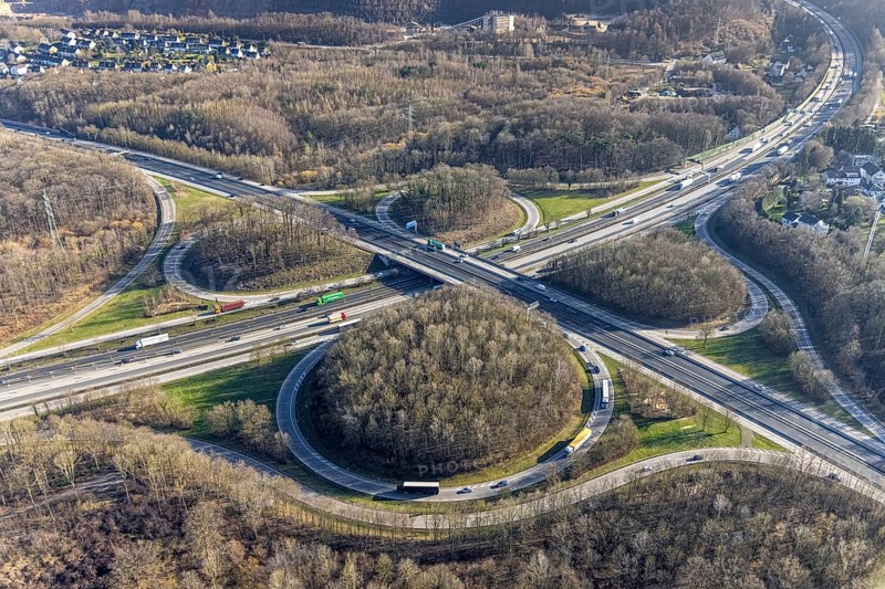 Aerial view, motorway junction Hagen, A45 and A46, Lennetal, Hagen, Ruhr area, North Rhine-Westphalia, Germany, motorway A45, motorway A46, motorway junction, bridge, DE, Europe, aerial view, aerial photography, aerial photography, road traffic, overview, bird's eye view, forest area, birds-eyes view, overview
