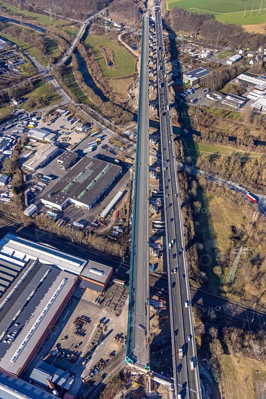 Aerial view, construction site, new construction of a section of the Lennetal Bridge, Lennetal, Hagen, Ruhr area, North Rhine-Westphalia, Germany, construction work, construction, construction area, construction site, construction site, construction project, construction site, bridge, DE, Europe, Lennetal Bridge, aerial view, aerial photography, aerial photography, new construction, road traffic, overview, displacement, bird's-eye view, overview