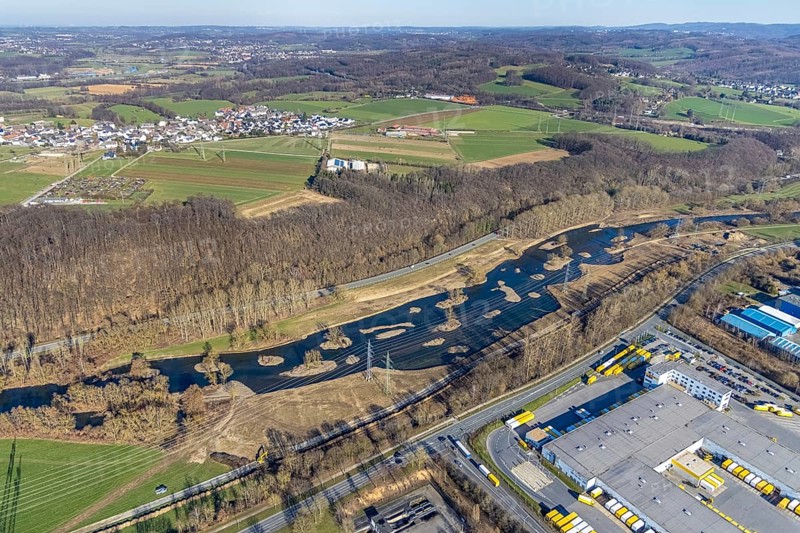 Aerial photo, renaturalisation measure Lenne floodplains, river Lenne, Lenne valley, Hagen, Ruhr area, North Rhine-Westphalia, Germany, floodplain landscape, DE, Europe, aerial photo, aerial photography, aerial photography, nature reserve, overview, bird's-eye view, overview, renaturalised river, eco-project
