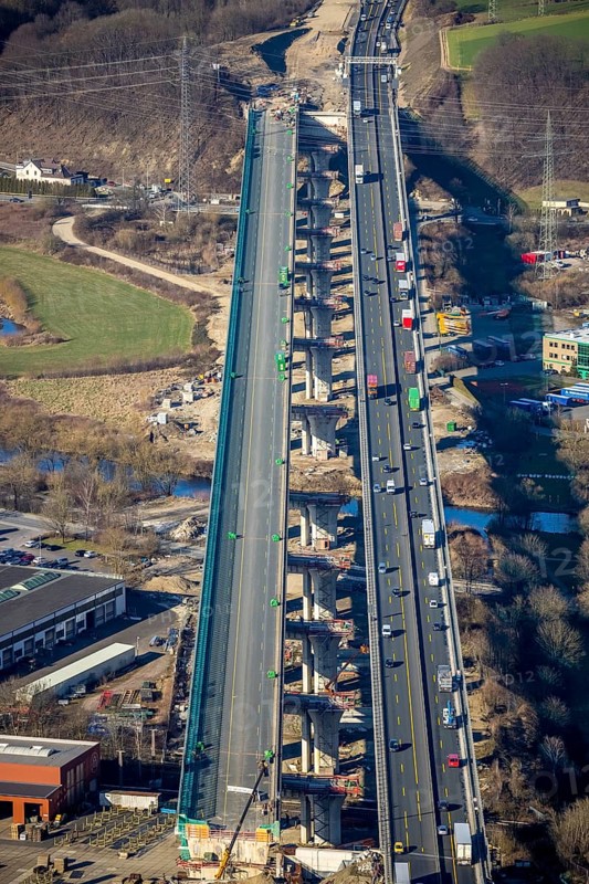 Aerial view, construction site, new construction of a section of the Lennetal Bridge, Lennetal, Hagen, Ruhr area, North Rhine-Westphalia, Germany, construction work, construction, construction area, construction site, construction site, construction project, construction site, bridge, DE, Europe, Lennetal Bridge, aerial view, aerial photography, aerial photography, new construction, road traffic, overview, displacement, bird's-eye view, overview